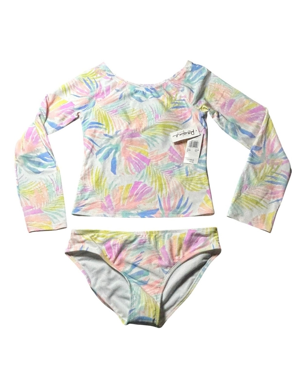 Raisins Girls palm leaves print long sleeve rashguard swimsuit set size 16 NWT